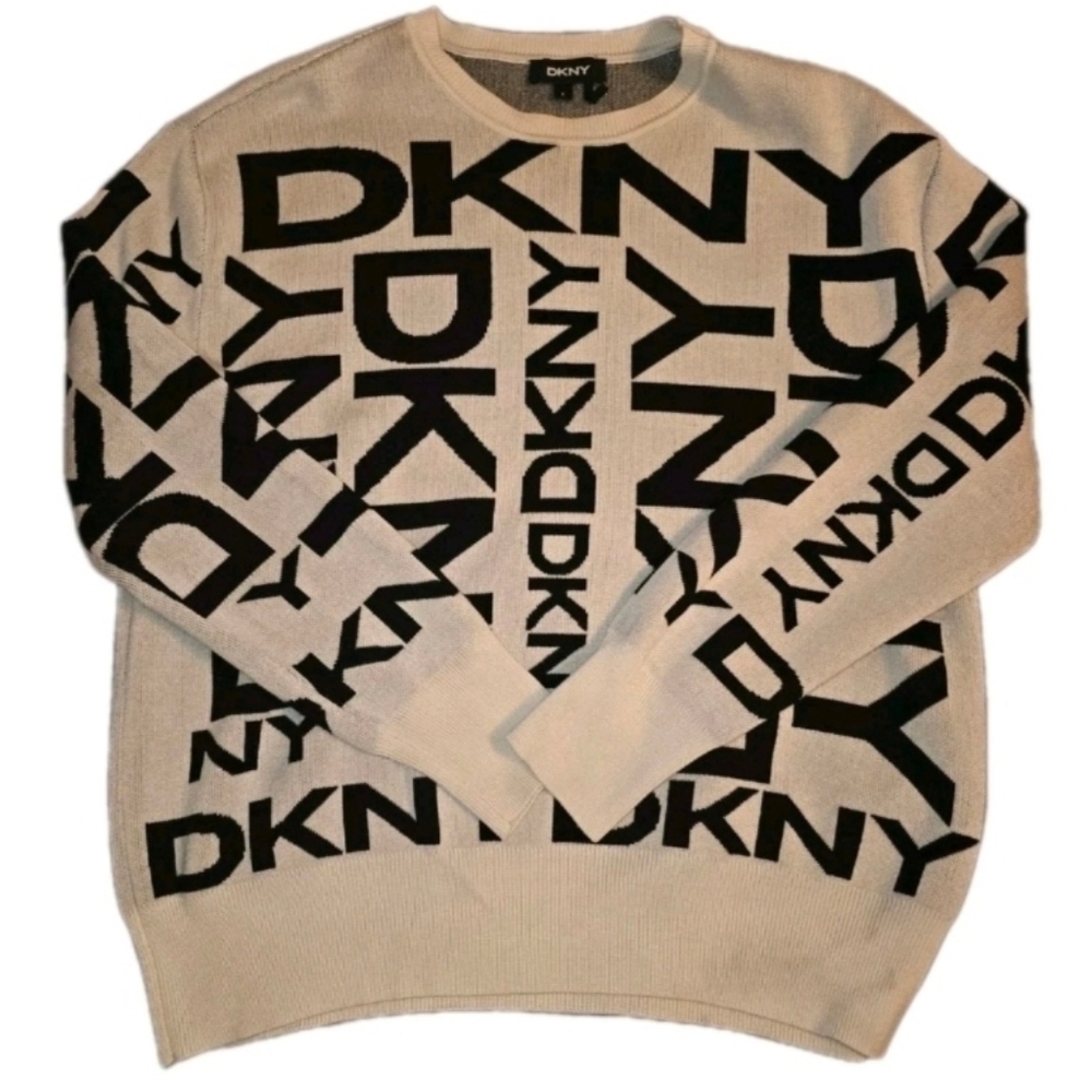 DKNY Logo All Over Print Sweater Women's SMALL Relaxed Fit